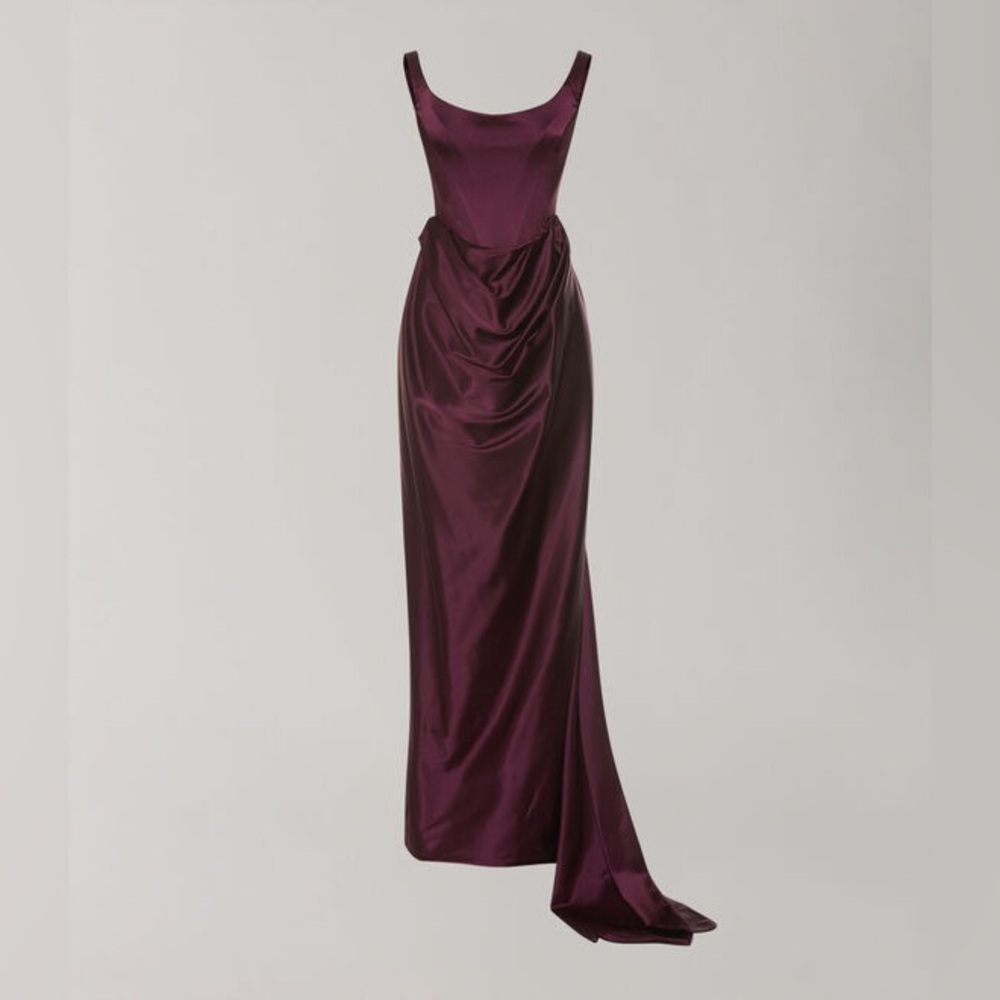 Vivienne Westwood Off-Shoulder Plum Satin Evening Gown - Picture 4 of 14